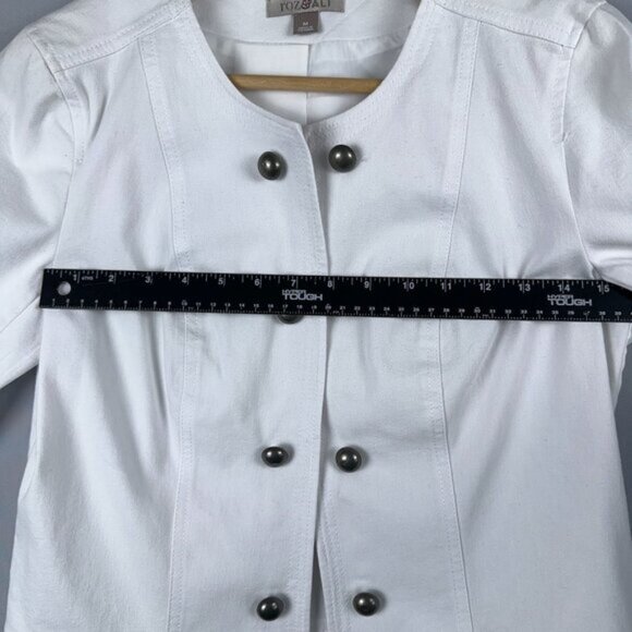 Roz & Ali Cropped Denim Suit Jacket Studded Open Front Womens M Collarless White - Picture 6 of 11